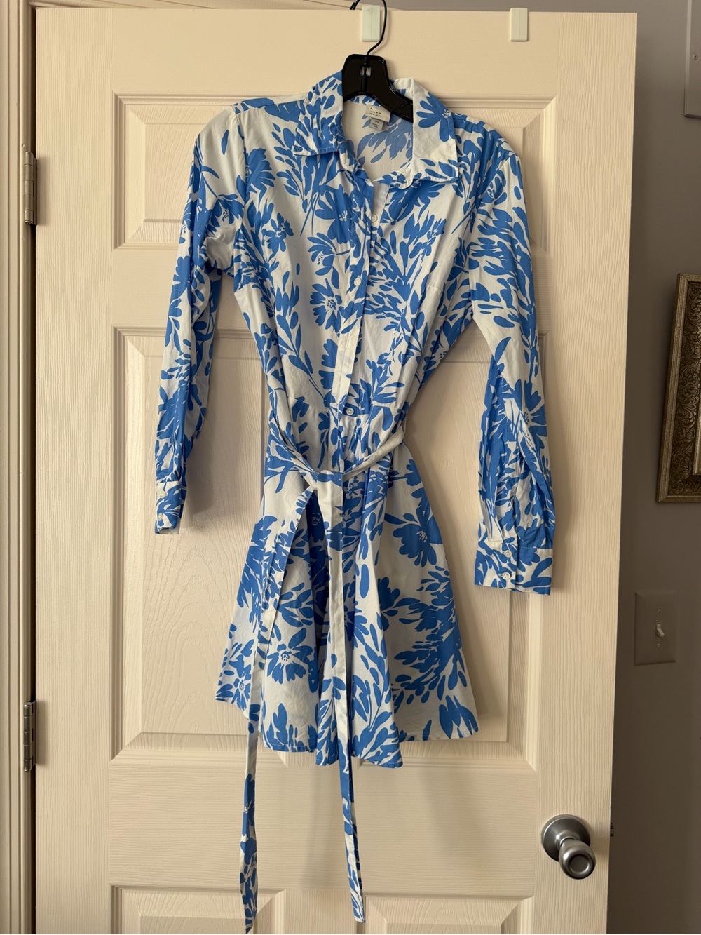 a new day White Shirt Dress with Blue Floral Print and Tie Waist
